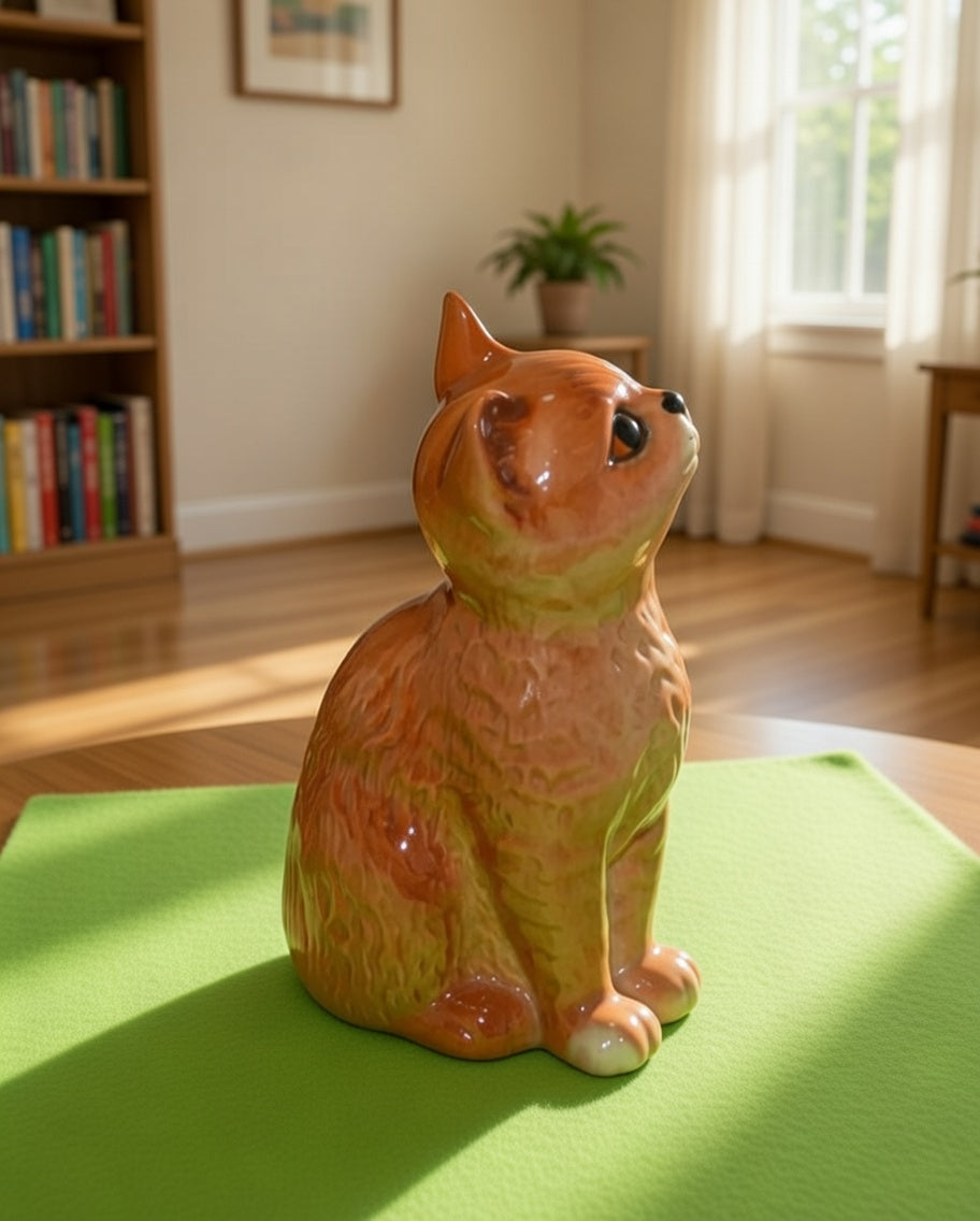 Beswick Persian ginger cat figurine model 1886, gloss ceramic finish with orange and cream tones, side profile view, displayed on green surface in bright natural light, vintage collectible ornament in excellent condition