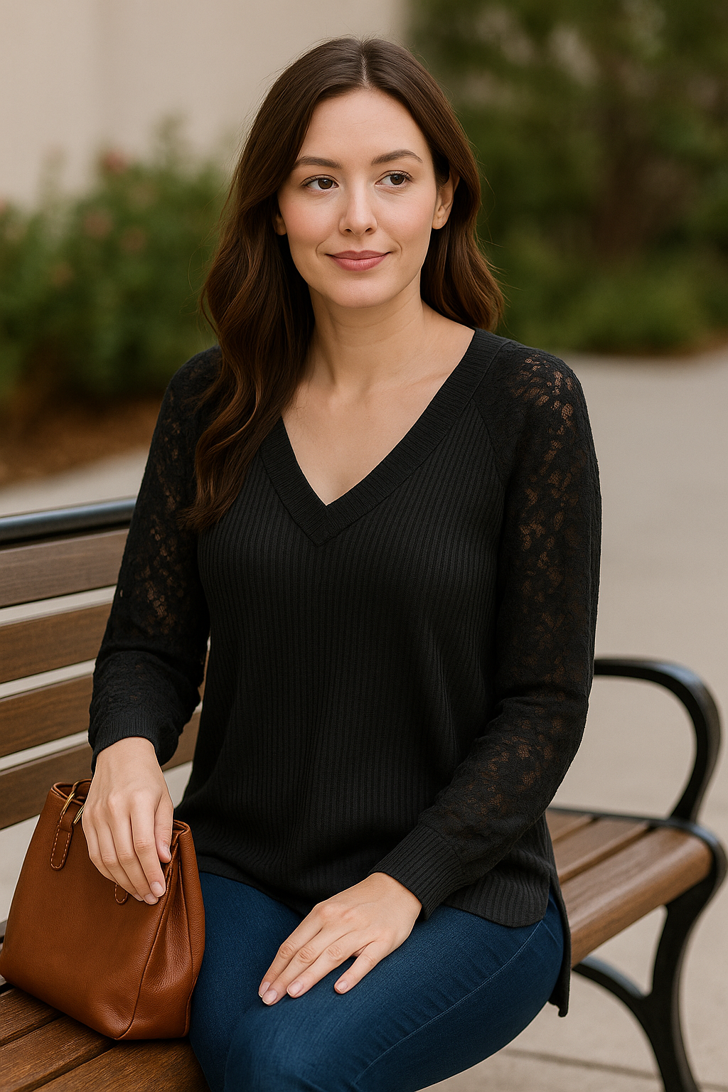 Woman sitting on a bench wearing a black ribbed V-neck jumper with sheer lace sleeves,