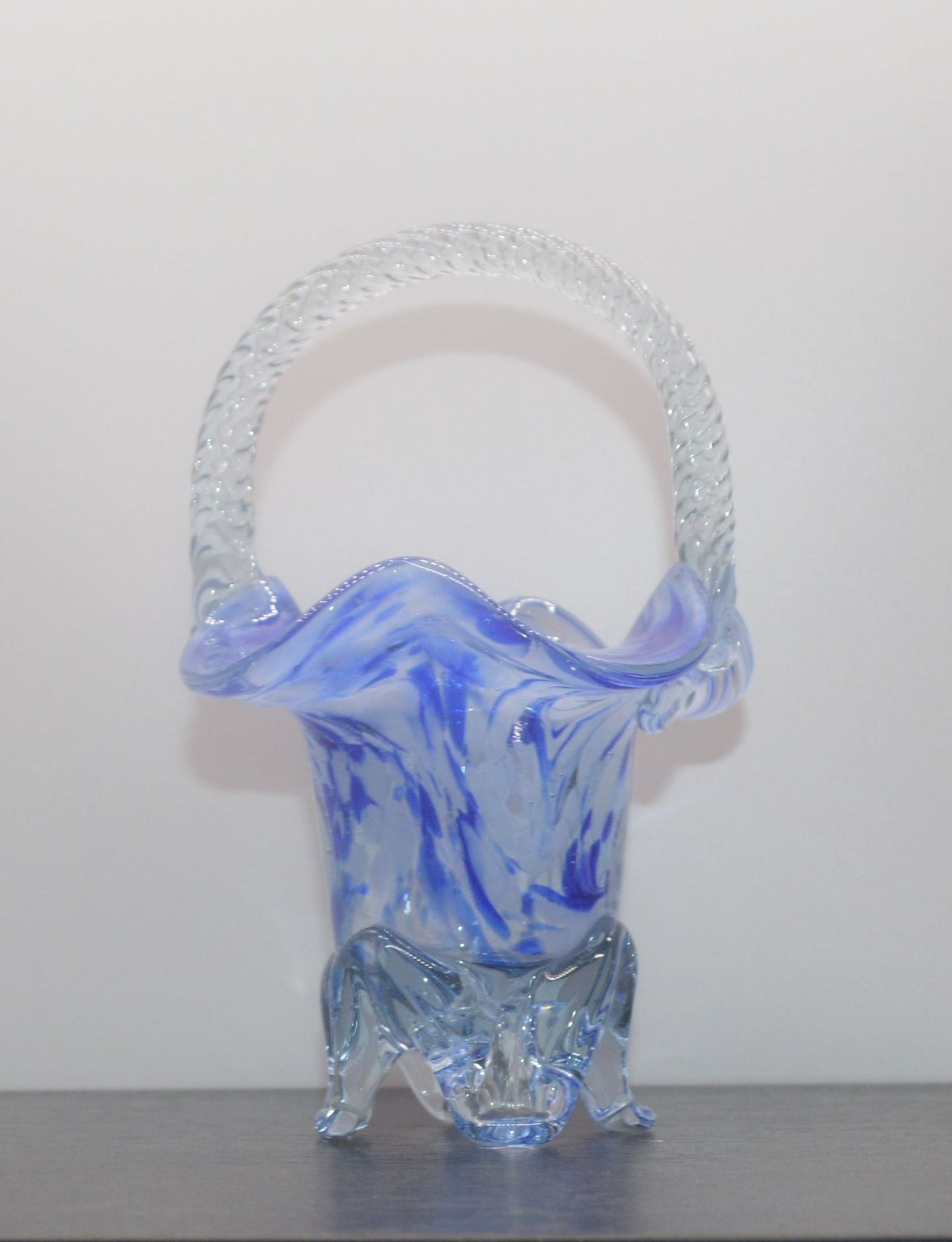 MURANO STYLE BLUE AND WHITE ART GLASS BASKET