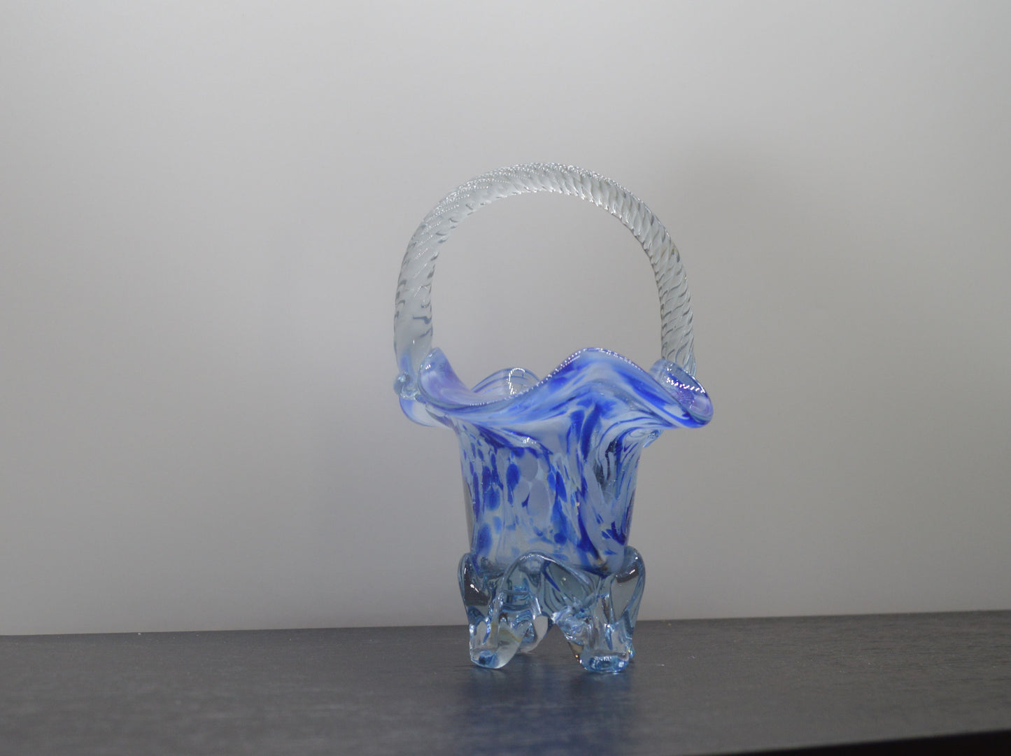 MURANO STYLE BLUE AND WHITE ART GLASS BASKET