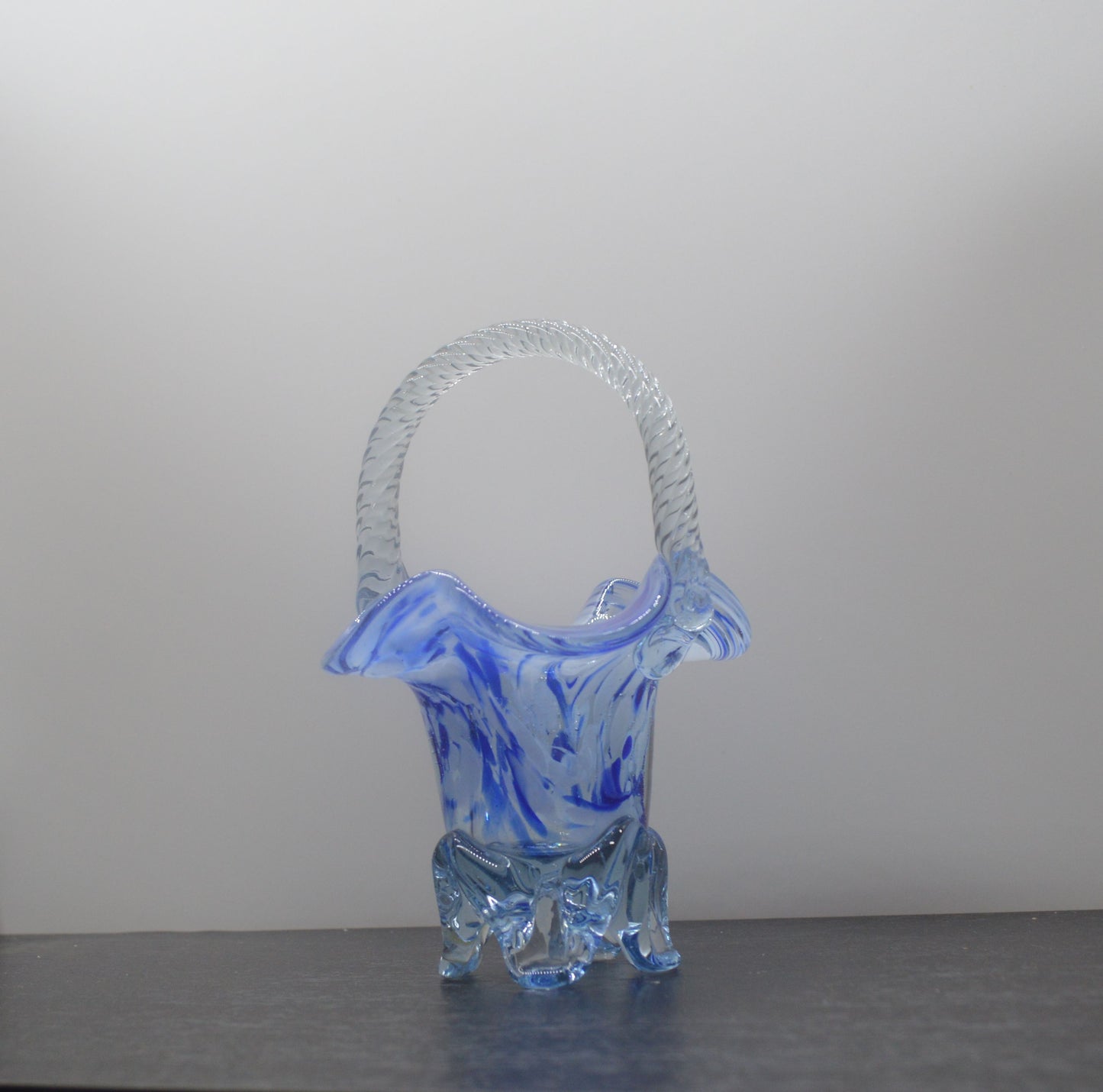 MURANO STYLE BLUE AND WHITE ART GLASS BASKET