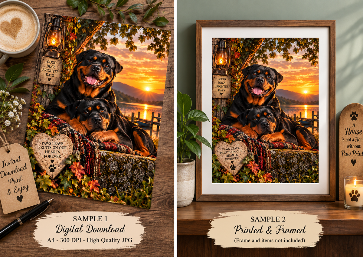 Rottweiler Wall Art Digital Download – Good Dogs Brighter Days – A4 Printable