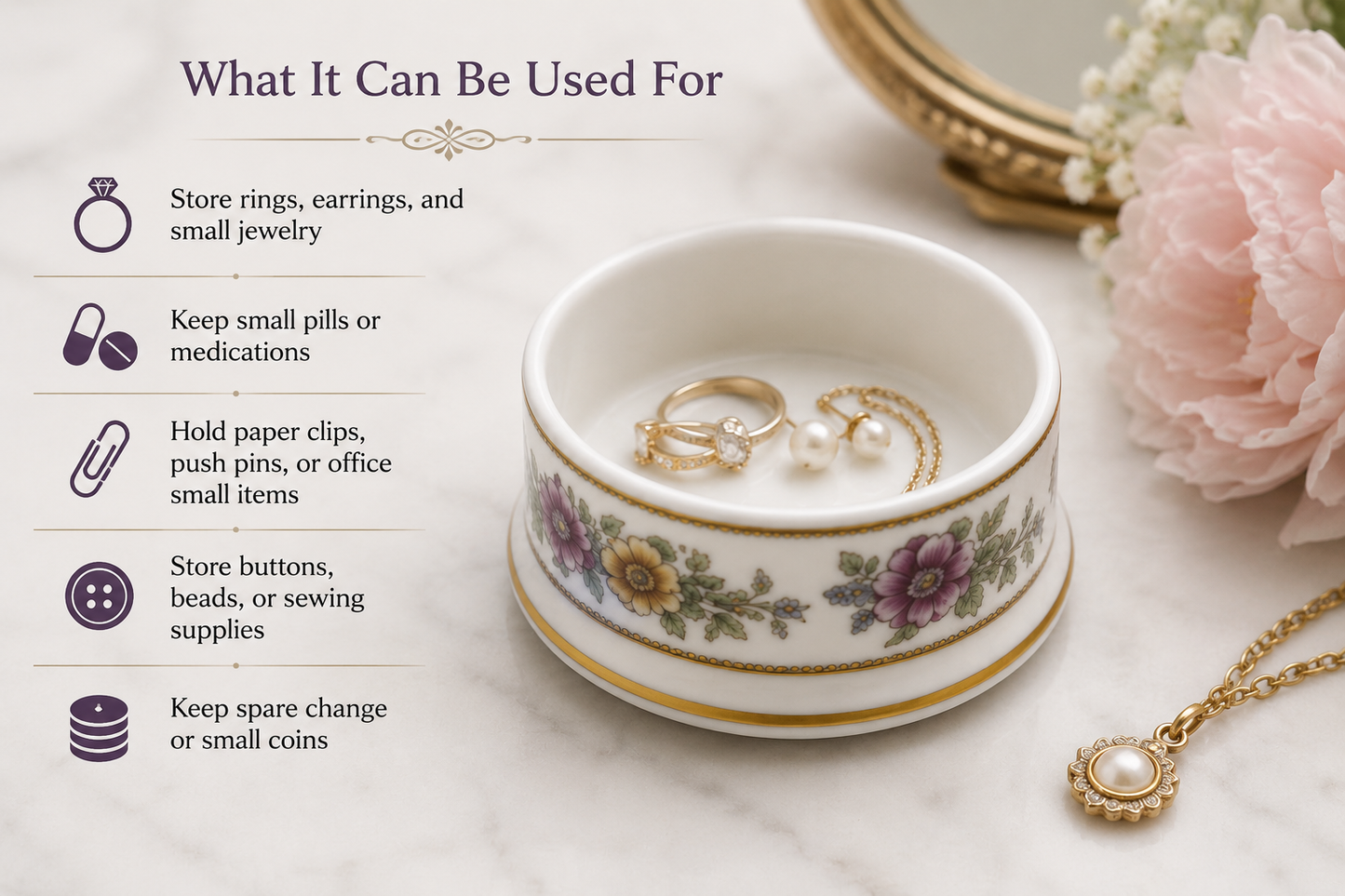 Vintage bone china trinket pot with floral design and gold trim, styled as a jewellery holder with rings and earrings inside, showing decorative storage use ideas.