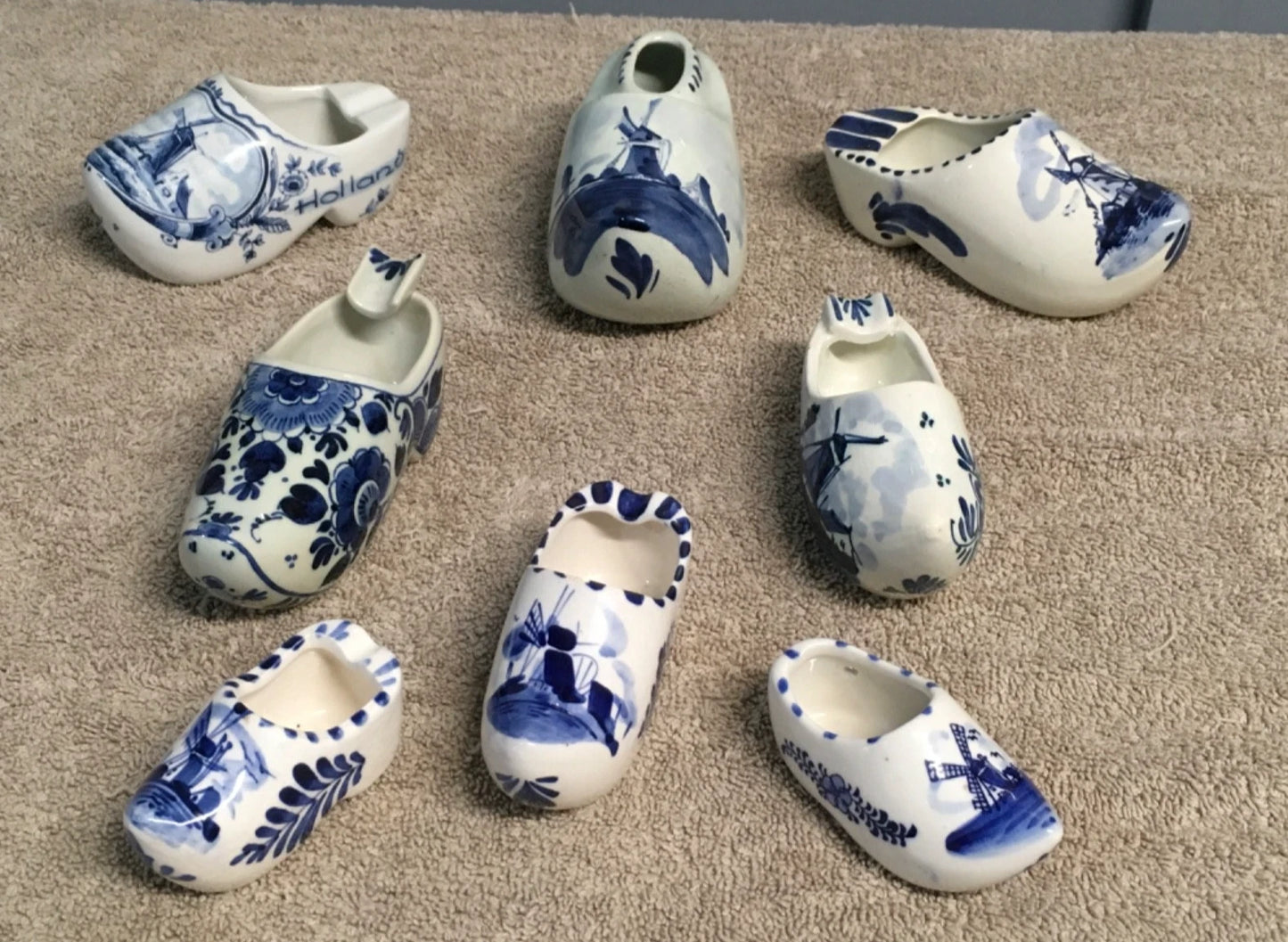 Vintage Delft Blue Clog Ashtrays Set (8) – Hand Painted Holland Ceramic Mini Clogs Collectibles