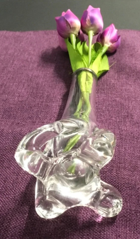 Clear Art Glass Bud Vase with Silver Rim – Decorative Glass Vase with Sculpted Base