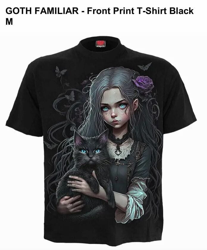 NEW SPIRAL DIRECT LADIES GOTH FAMILIAR FRONT PRINT BLACK T SHIRT - TMD167207
