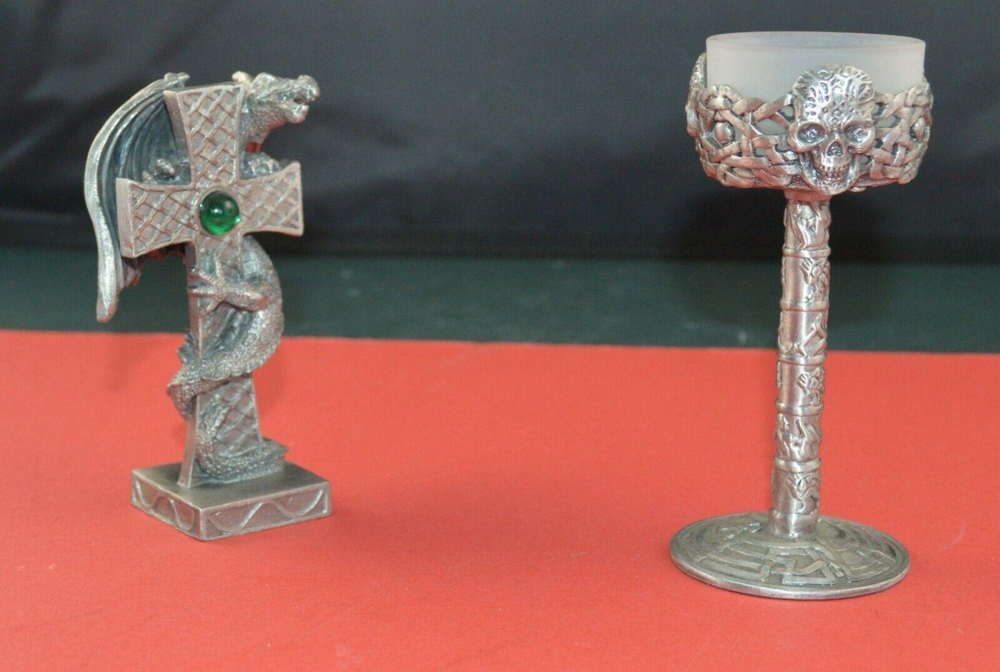 ONE METAL CAST TEALIGHT HOLDER & ONE DRAGON ON A CROSS w/GREEN FAKE GEM - TMD167207
