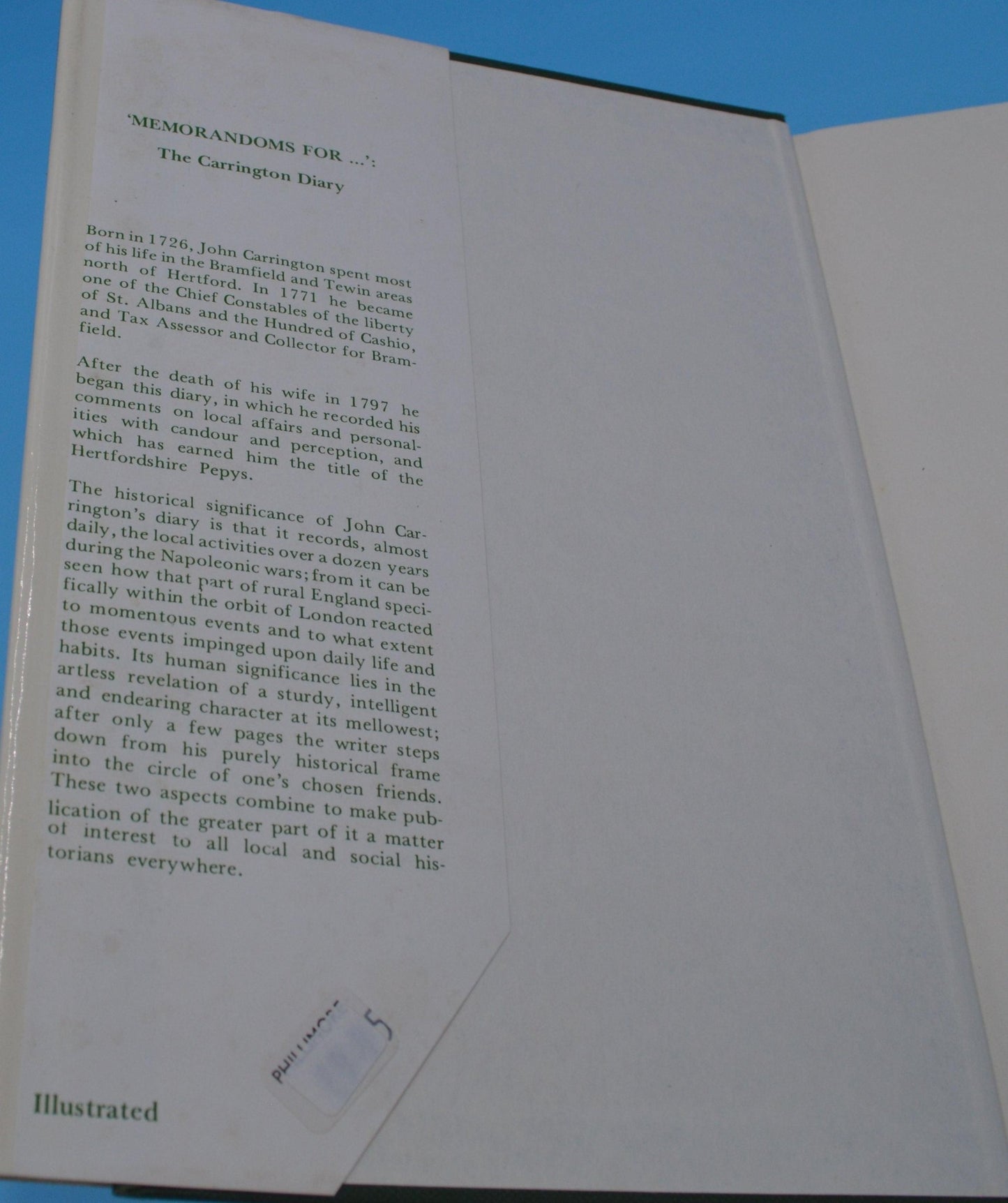 SECONDHAND BOOK MEMORANDUM FOR CARRINGTON DIARY EDITED by WILLIAM B JOHNSON - TMD167207