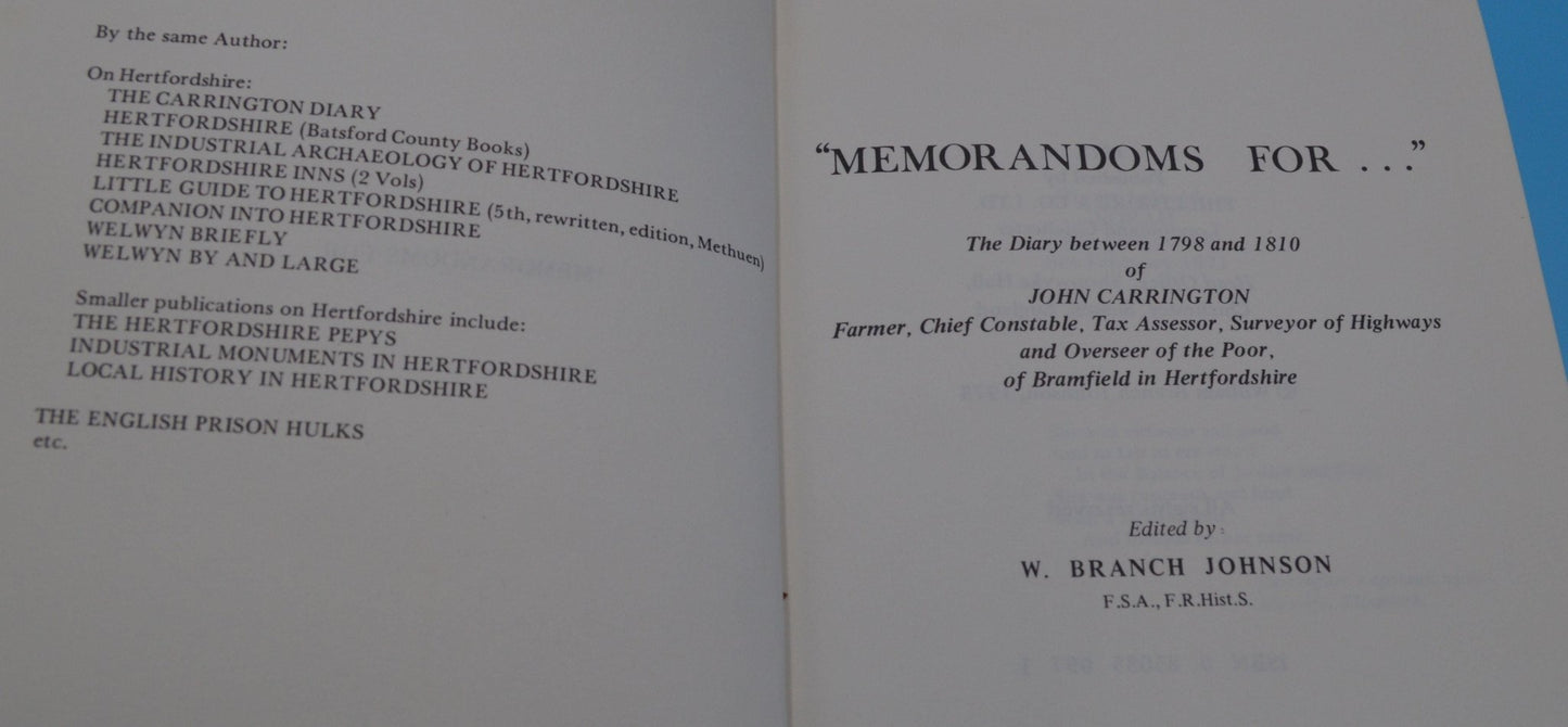 SECONDHAND BOOK MEMORANDUM FOR CARRINGTON DIARY EDITED by WILLIAM B JOHNSON - TMD167207