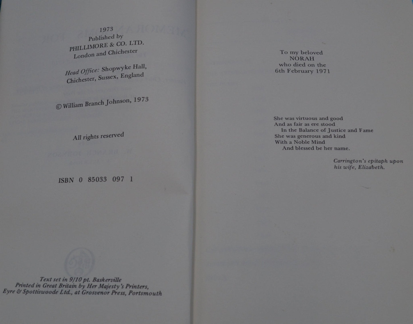 SECONDHAND BOOK MEMORANDUM FOR CARRINGTON DIARY EDITED by WILLIAM B JOHNSON - TMD167207