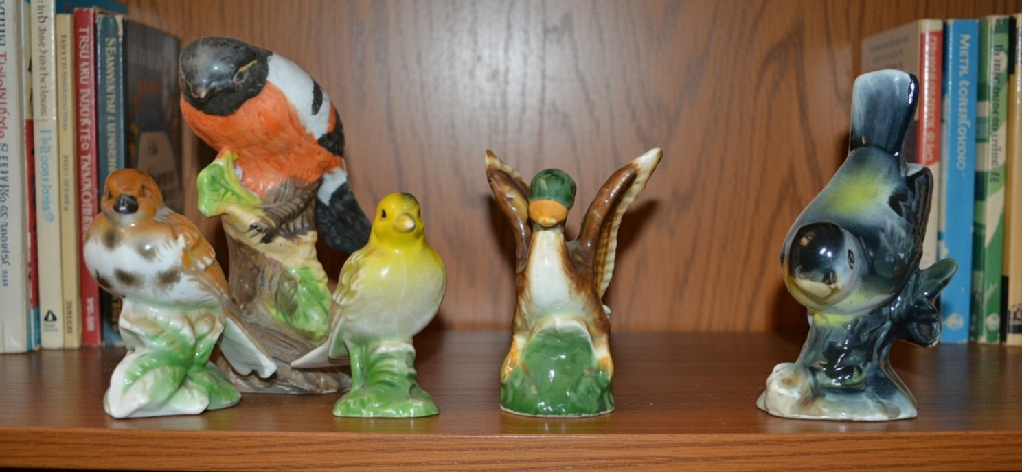 Set of five ceramic bird figurines including a bullfinch and other garden birds, hand-painted in vibrant colours, displayed on wooden shelf, vintage collectible ornaments in gloss finish