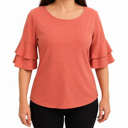 New Ladies Tiered Bell Sleeve Cranberry Loose Fit Top