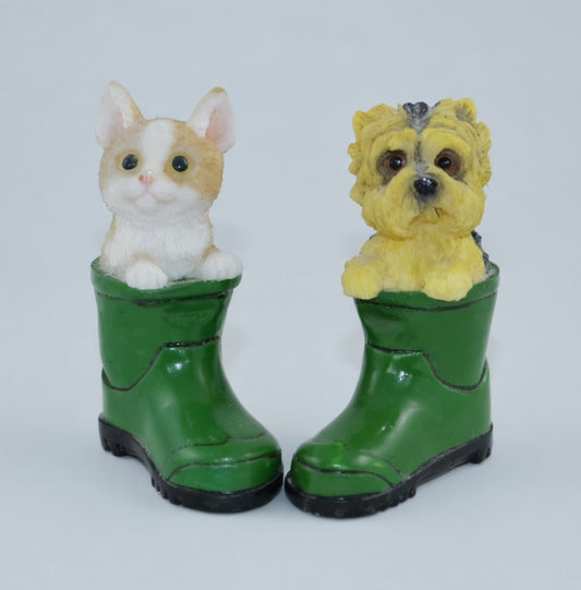 Miniature Cat and Dog in Green Welly Figurines – Vintage Animal Ornament Set