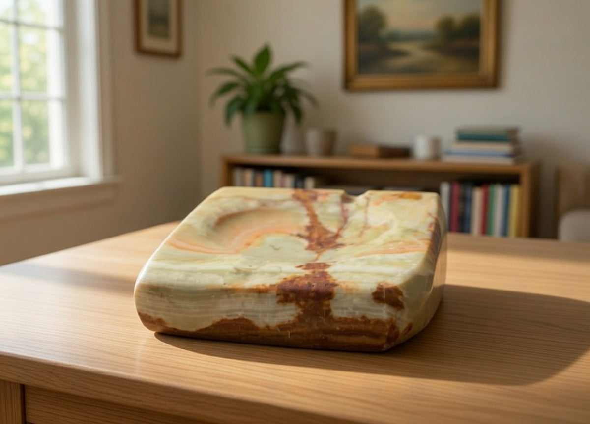 Square natural stone ashtray on wooden table, polished marble-style smoking tray with brown and green veining in home setting