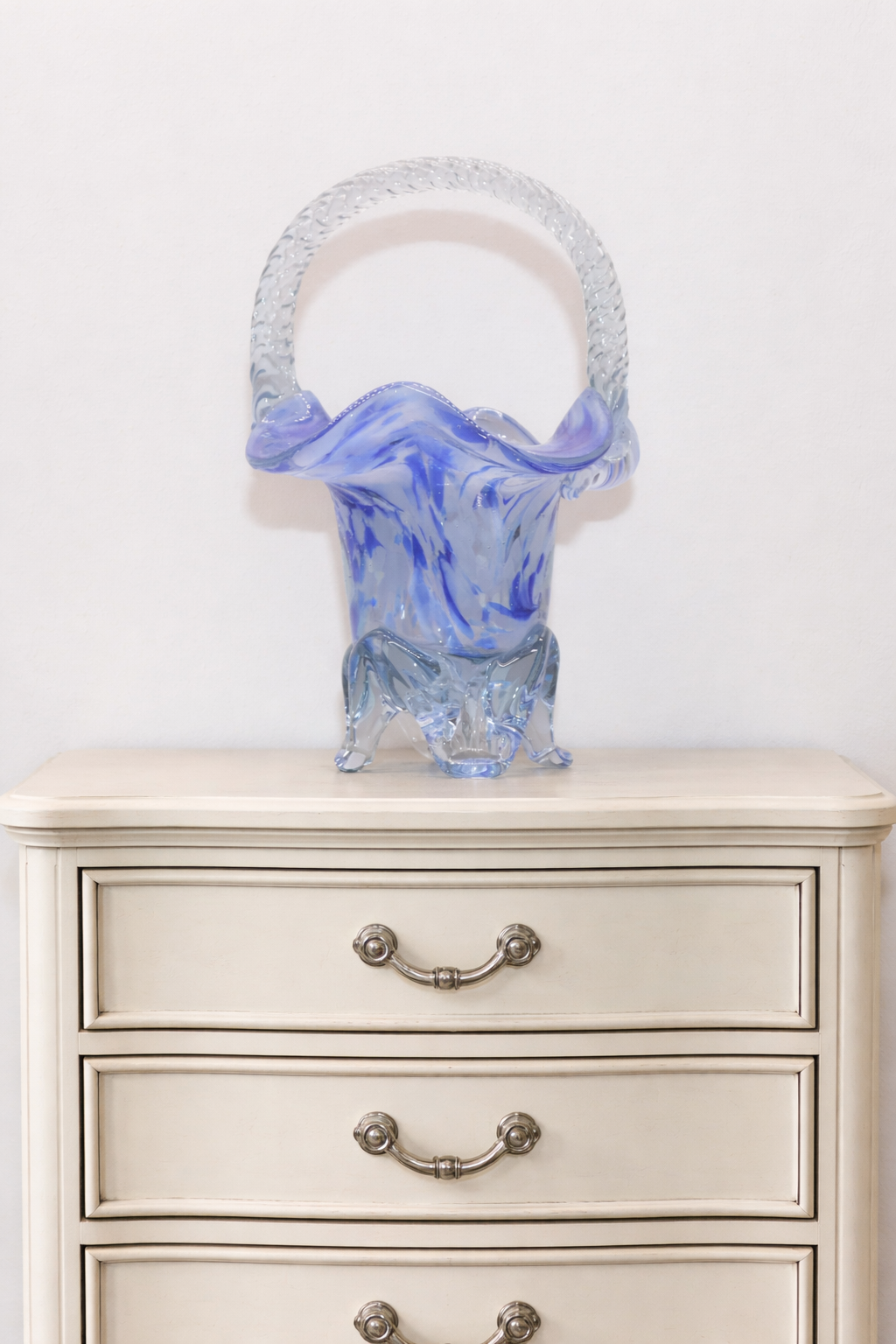 MURANO STYLE BLUE AND WHITE ART GLASS BASKET