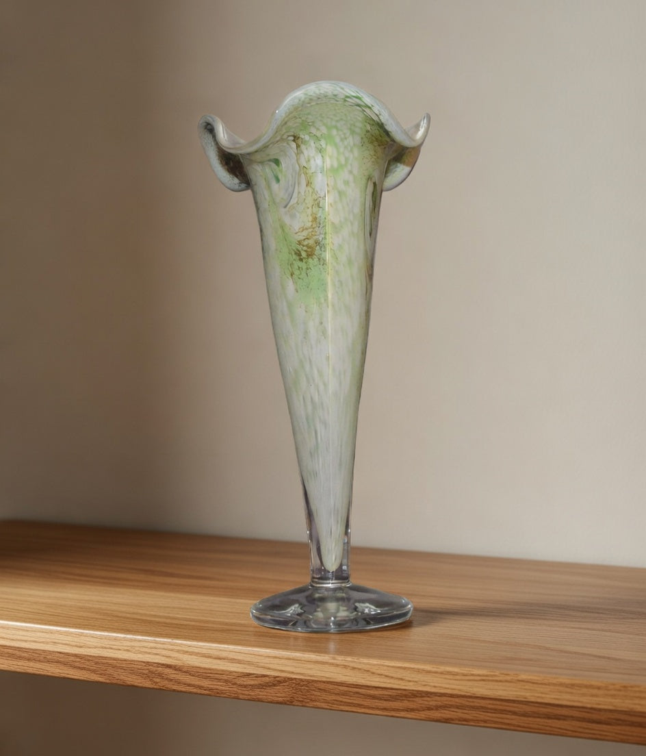 Vintage Art Glass Trumpet Vase – Green White & Brown Abstract Ruffled Rim Glass Vase