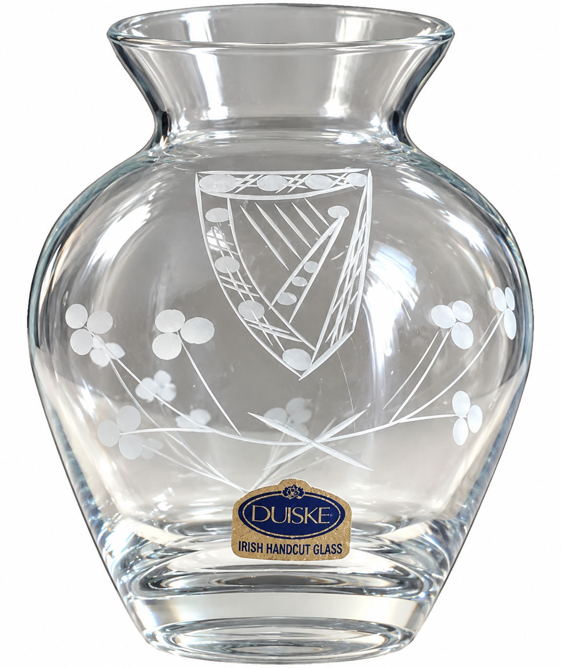 Duiske Irish Handcut Glass Vase – Harp & Shamrock Design