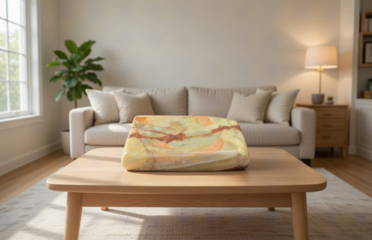 Natural stone decorative ashtray on coffee table in modern living room, polished marble-style smoking tray with warm brown and green tones