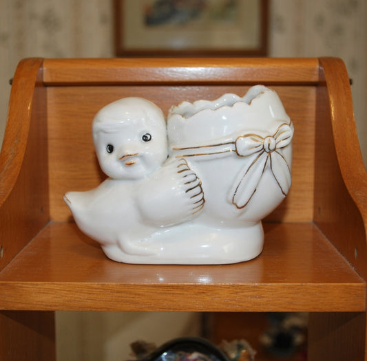 Vintage ceramic chick egg planter with gold trim decorative small plant pot
