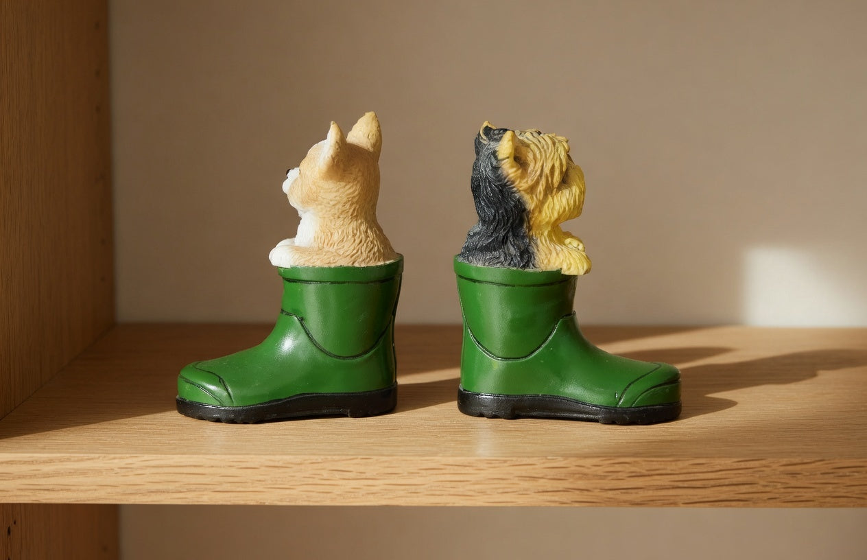 Miniature Cat and Dog in Green Welly Figurines – Vintage Animal Ornament Set