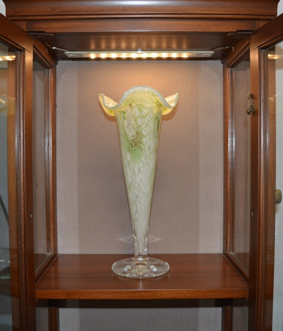 Vintage Art Glass Trumpet Vase – Green White & Brown Abstract Ruffled Rim Glass Vase