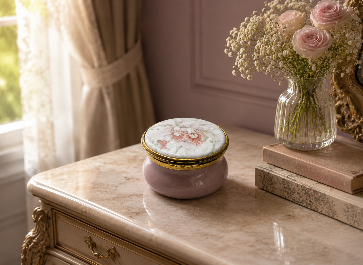 Kingsley Enamels Worcestershire Hinged Pink Trinket Pot with Lilies