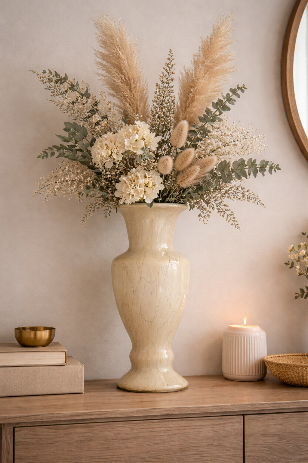 Tall Cream Art Glass Vase – Baluster Shape