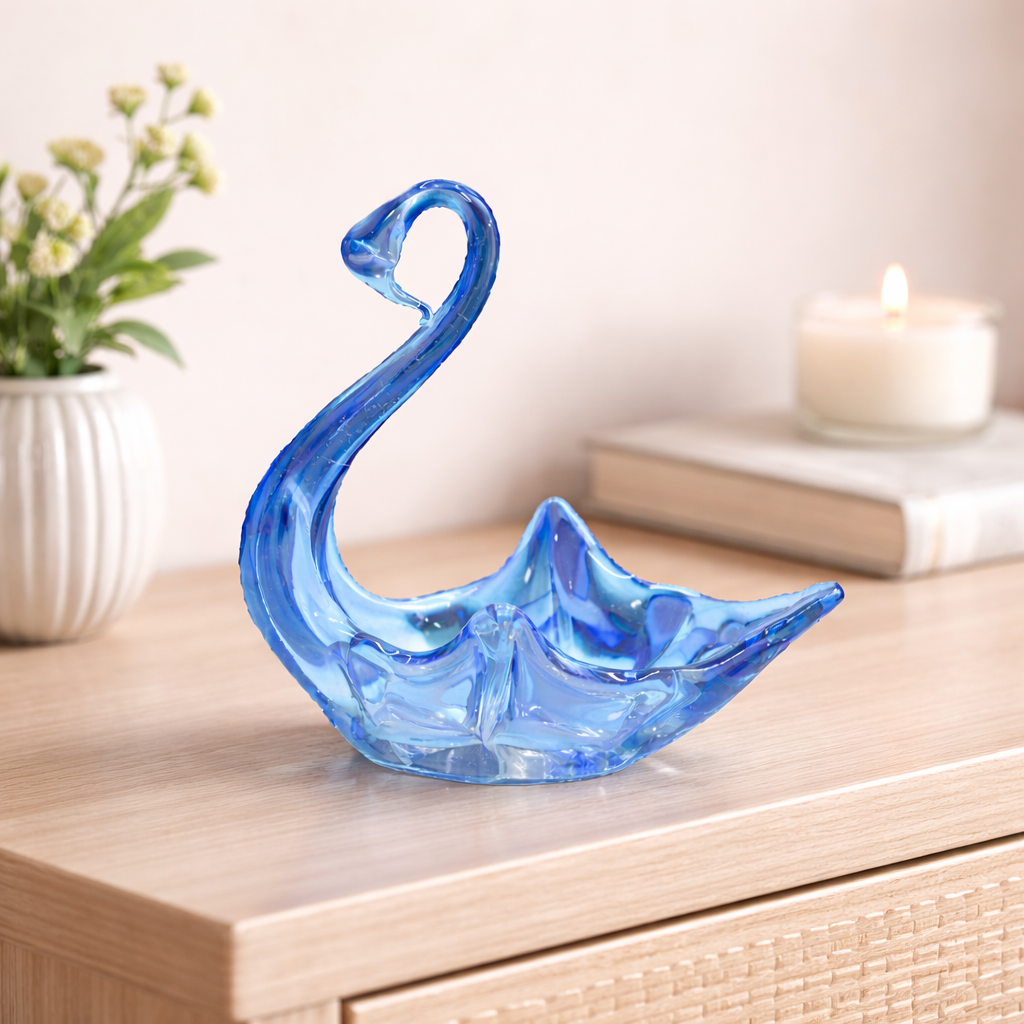 Blue Art Glass Swan Ornament – Decorative Glass Bird Figurine Dish