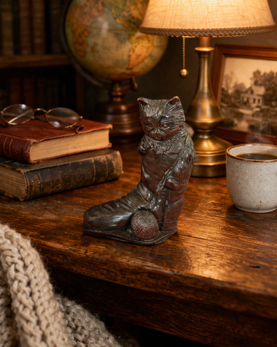 Vintage Brown Cat in Boot Figurine – Collectible Animal Ornament – Good Condition