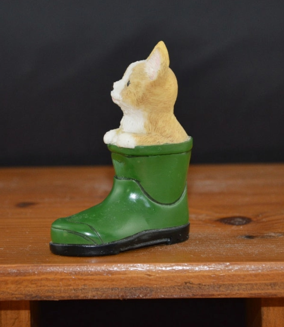 Miniature Cat and Dog in Green Welly Figurines – Vintage Animal Ornament Set