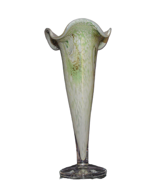 Vintage Art Glass Trumpet Vase – Green White & Brown Abstract Ruffled Rim Glass Vase