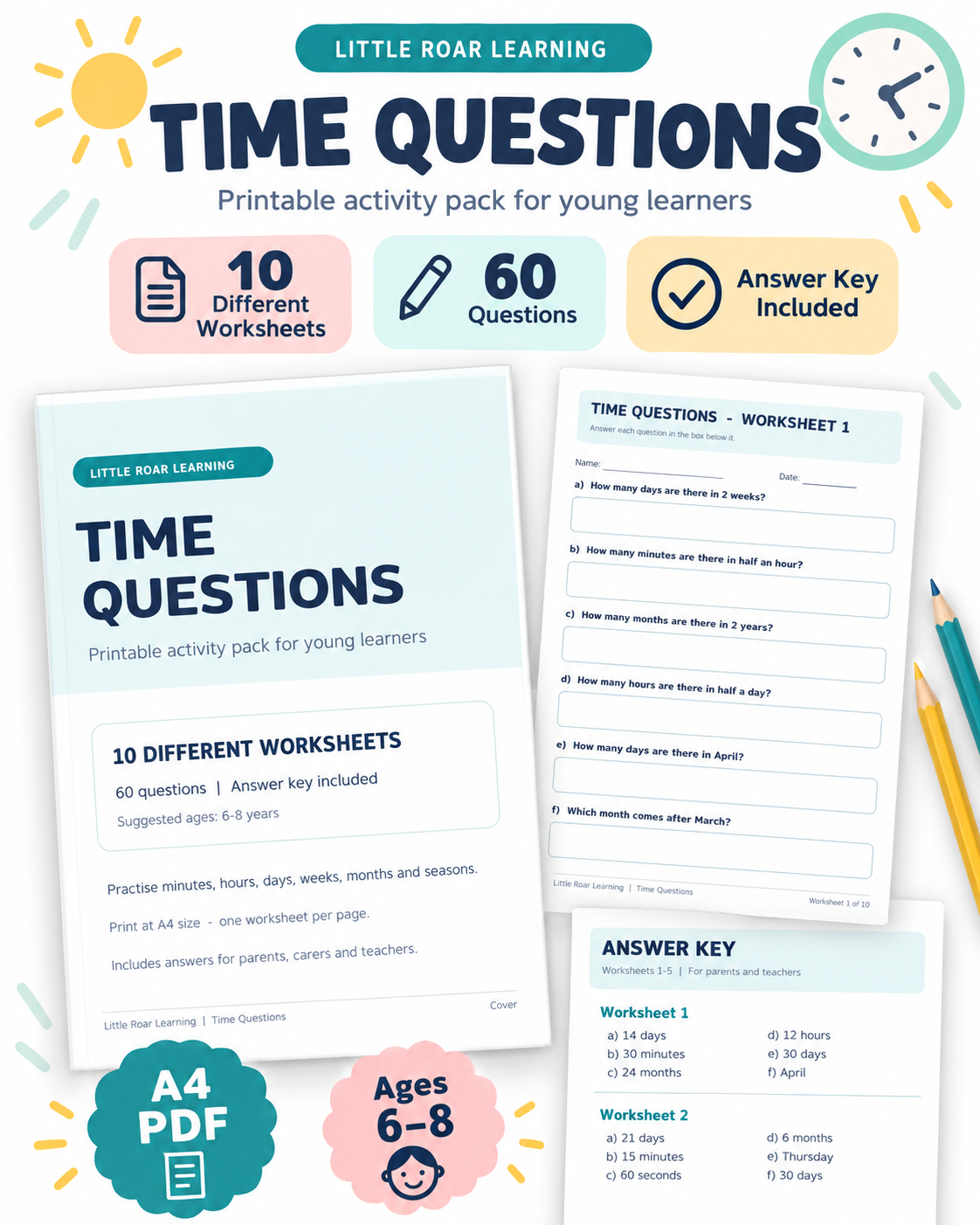 Time Questions Worksheets for Kids – 10 Printable Activities PDF | Little Roar Learning