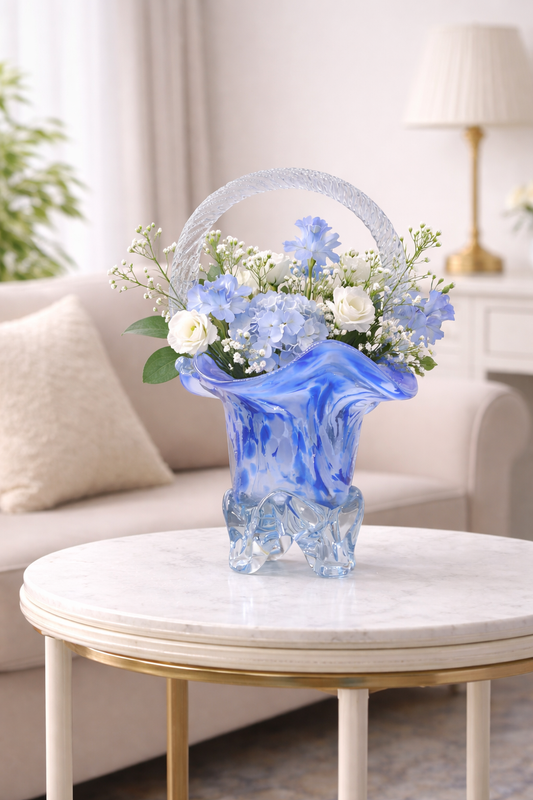 MURANO STYLE BLUE AND WHITE ART GLASS BASKET