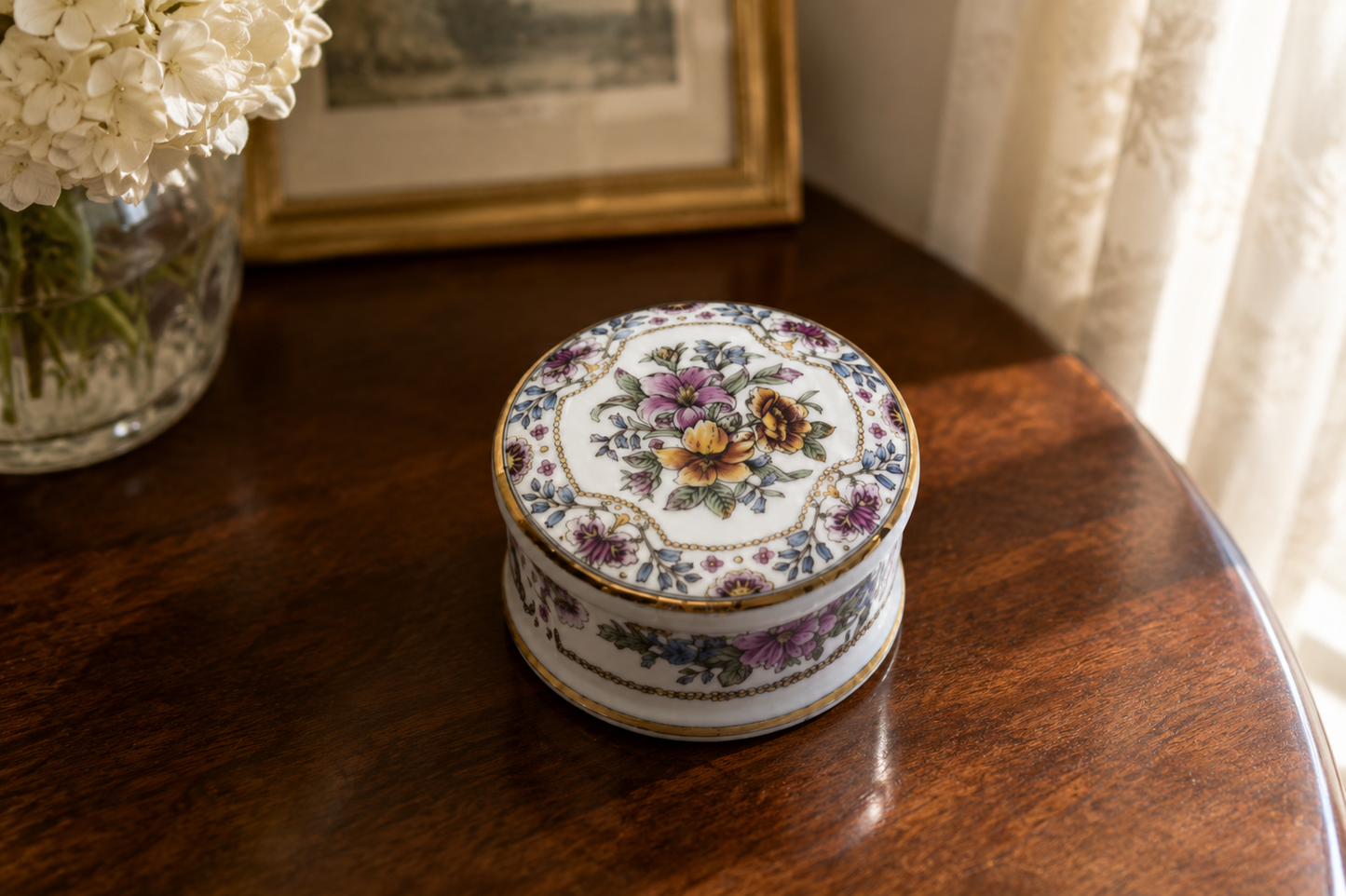 Bone China Staffordshire Trinket Pot – White with Floral Design