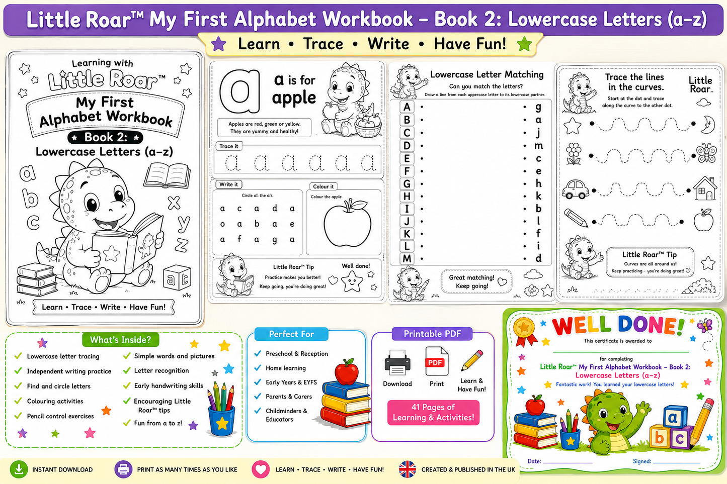 Little Roar™ My First Alphabet Workbook – Book 2: Lowercase Letters (a–z) | Printable PDF