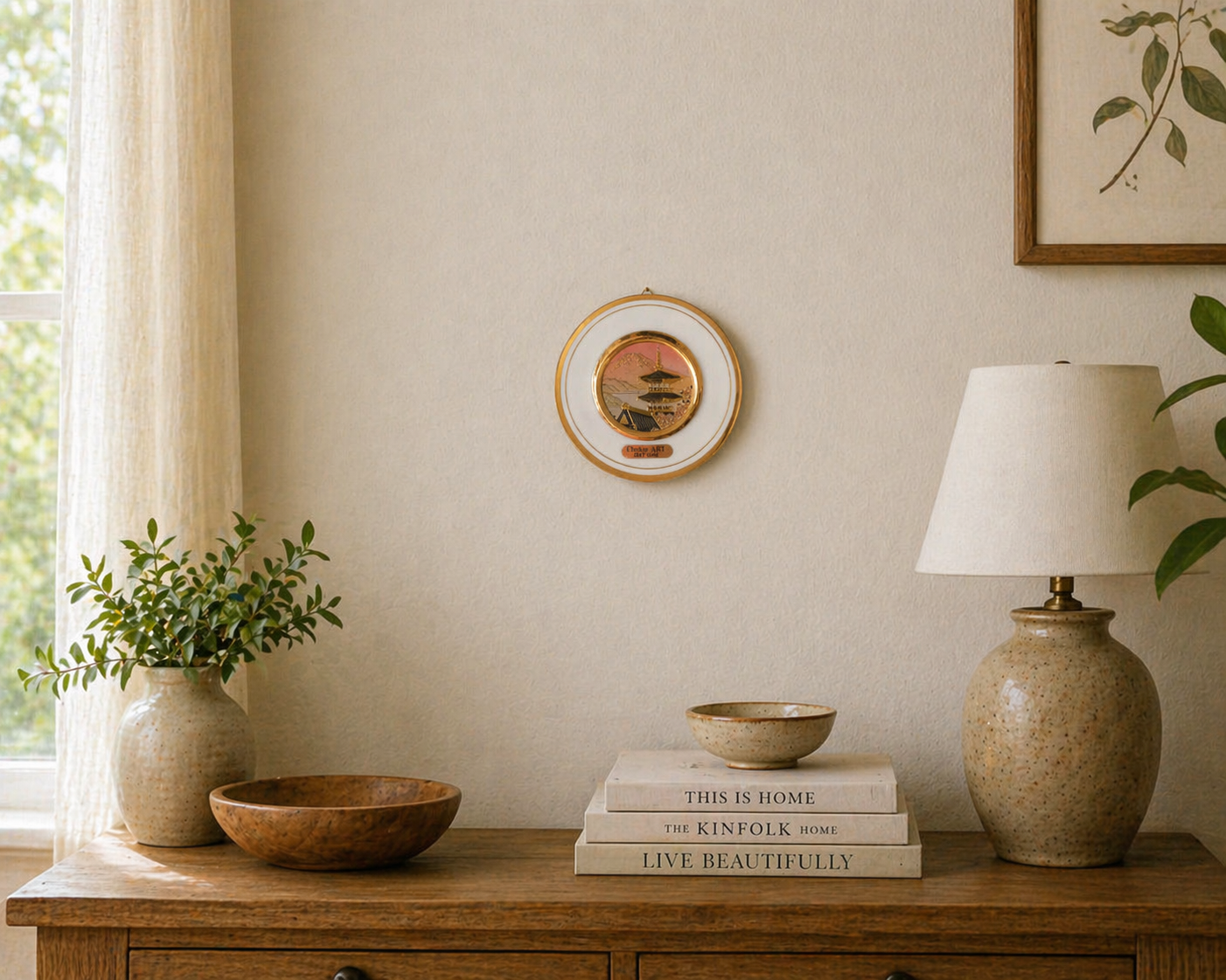 Chokin Plate – Temple & Mountain Scene | 24KT Gold Gilded | Japanese Decorative Collectible