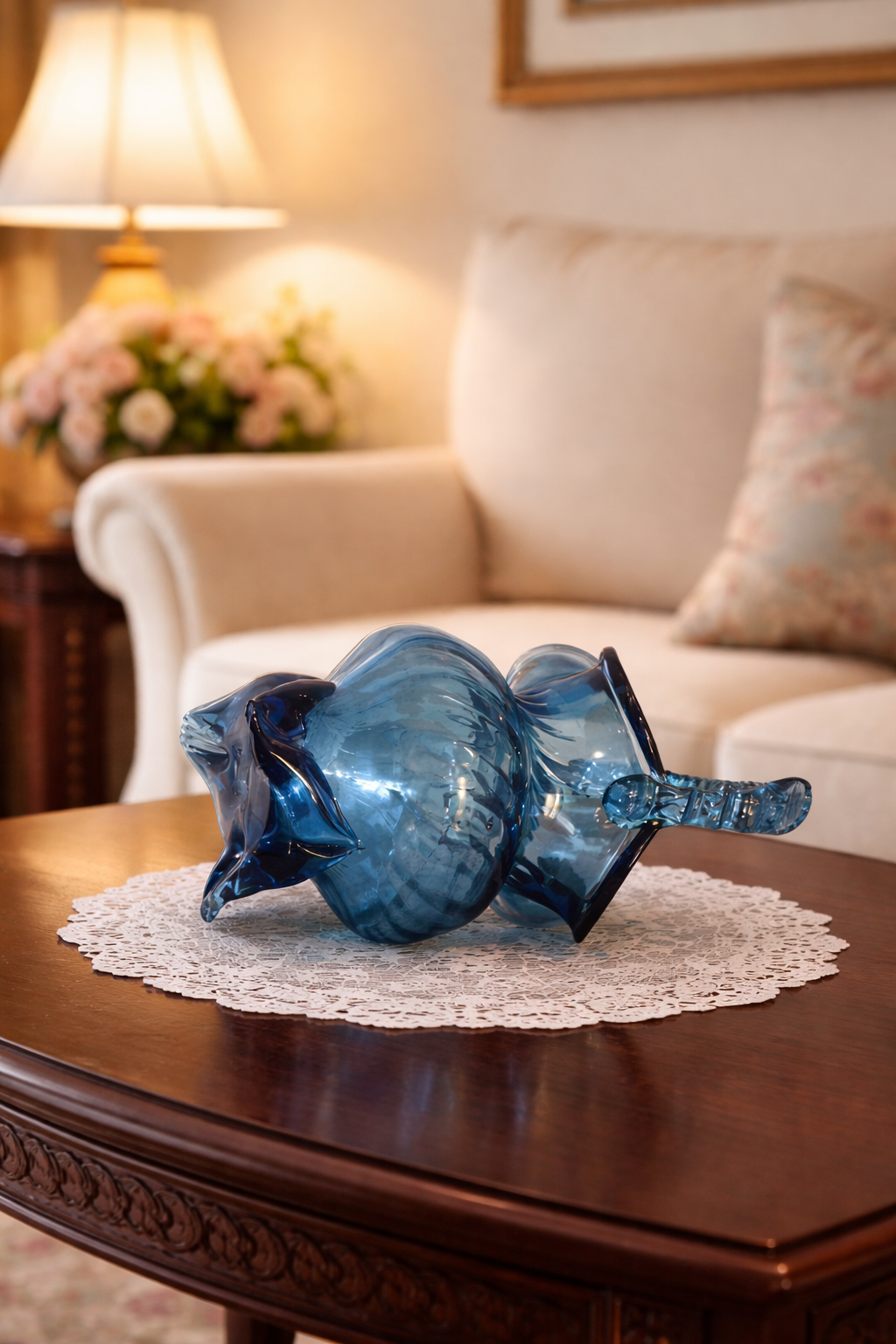 Sapphire Blue Art Glass Basket with Twisted Handle – Collectible Vase