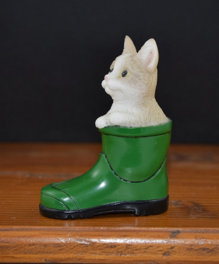 Miniature Cat and Dog in Green Welly Figurines – Vintage Animal Ornament Set