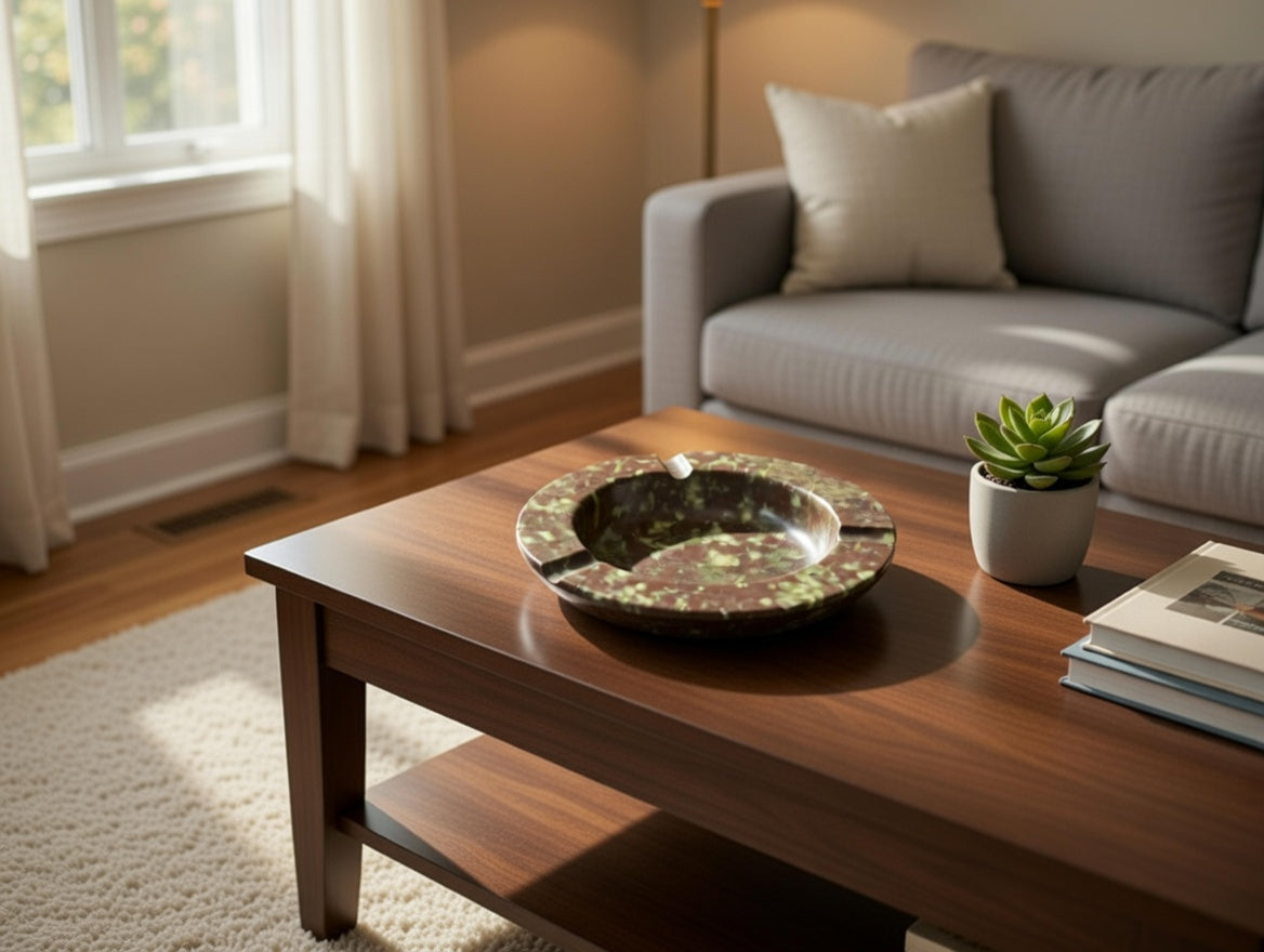 Natural stone ashtray on wooden coffee table in a modern living room, polished brown rock smoking tray styled with plant and books