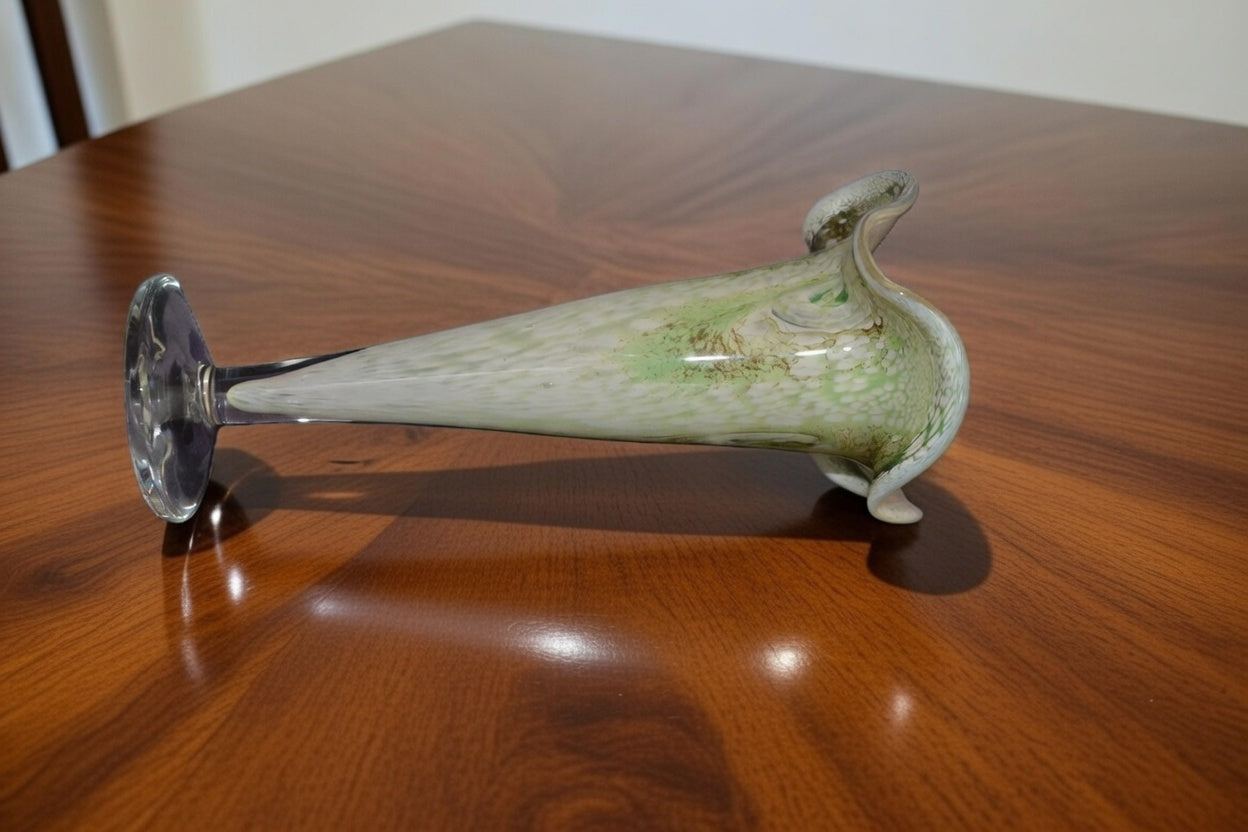 Vintage Art Glass Trumpet Vase – Green White & Brown Abstract Ruffled Rim Glass Vase