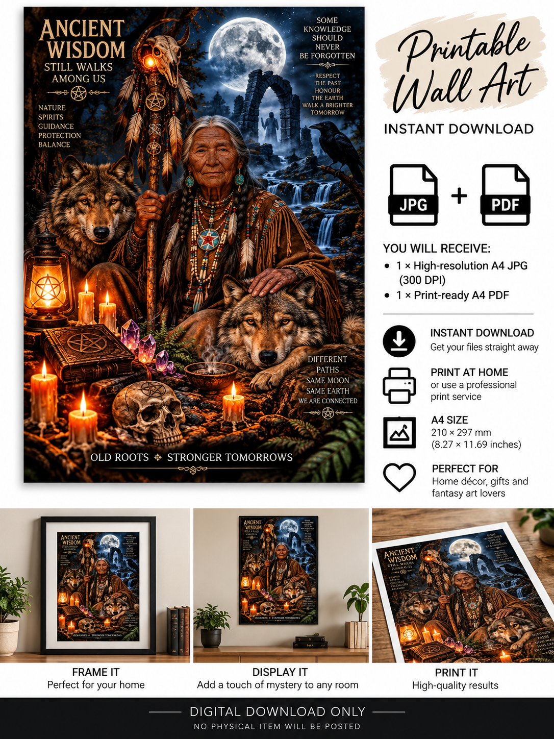 Ancient Wisdom & Wolves Mystical Wall Art – A4 Printable Digital Download