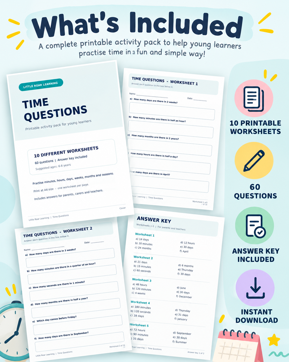 Time Questions Worksheets for Kids – 10 Printable Activities PDF | Little Roar Learning