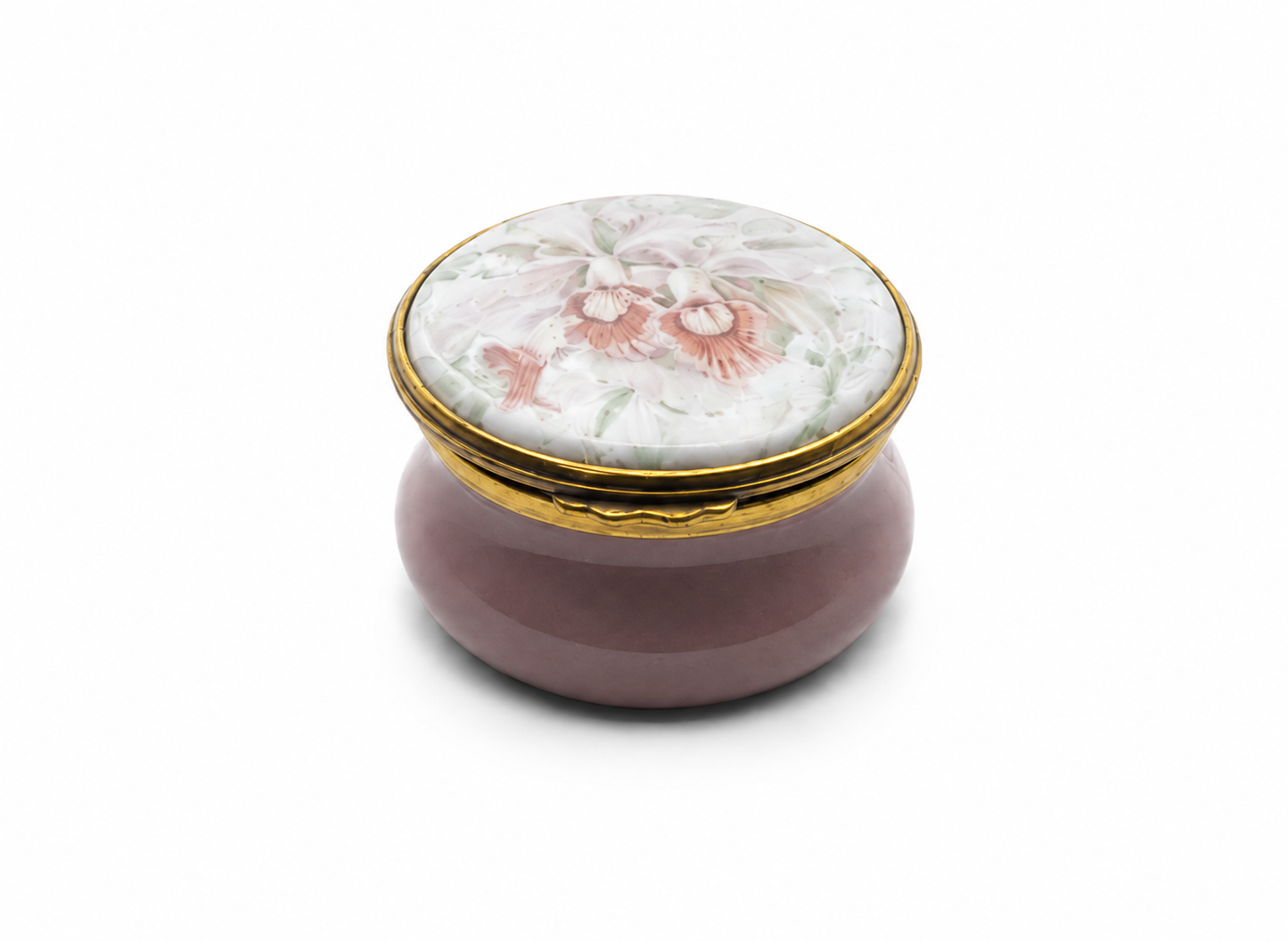 Kingsley Enamels Worcestershire Hinged Pink Trinket Pot with Lilies