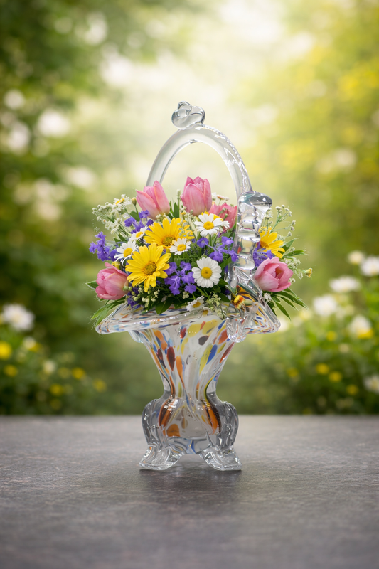 MURANO STYLE MULTICOLURED ART GLASS BASKET