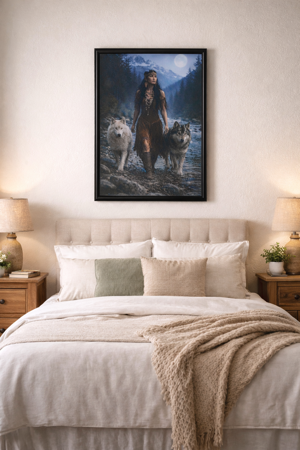 Framed Fantasy Wall Art – Woman with Wolves Moonlit Forest Print Black Frame