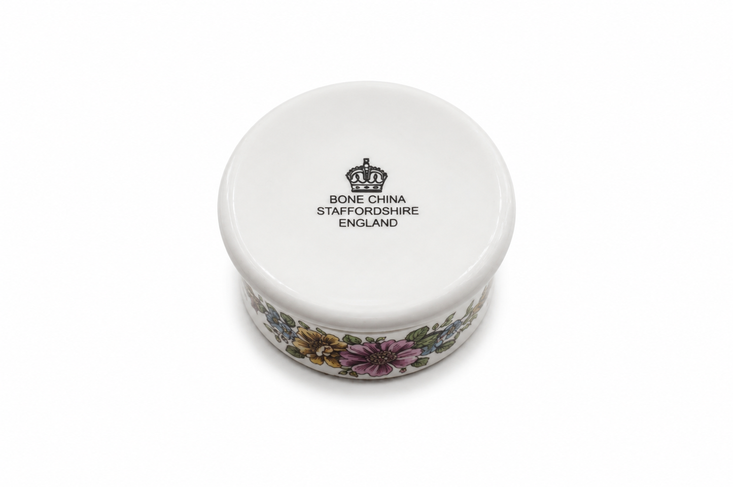 Bone China Staffordshire Trinket Pot – White with Floral Design