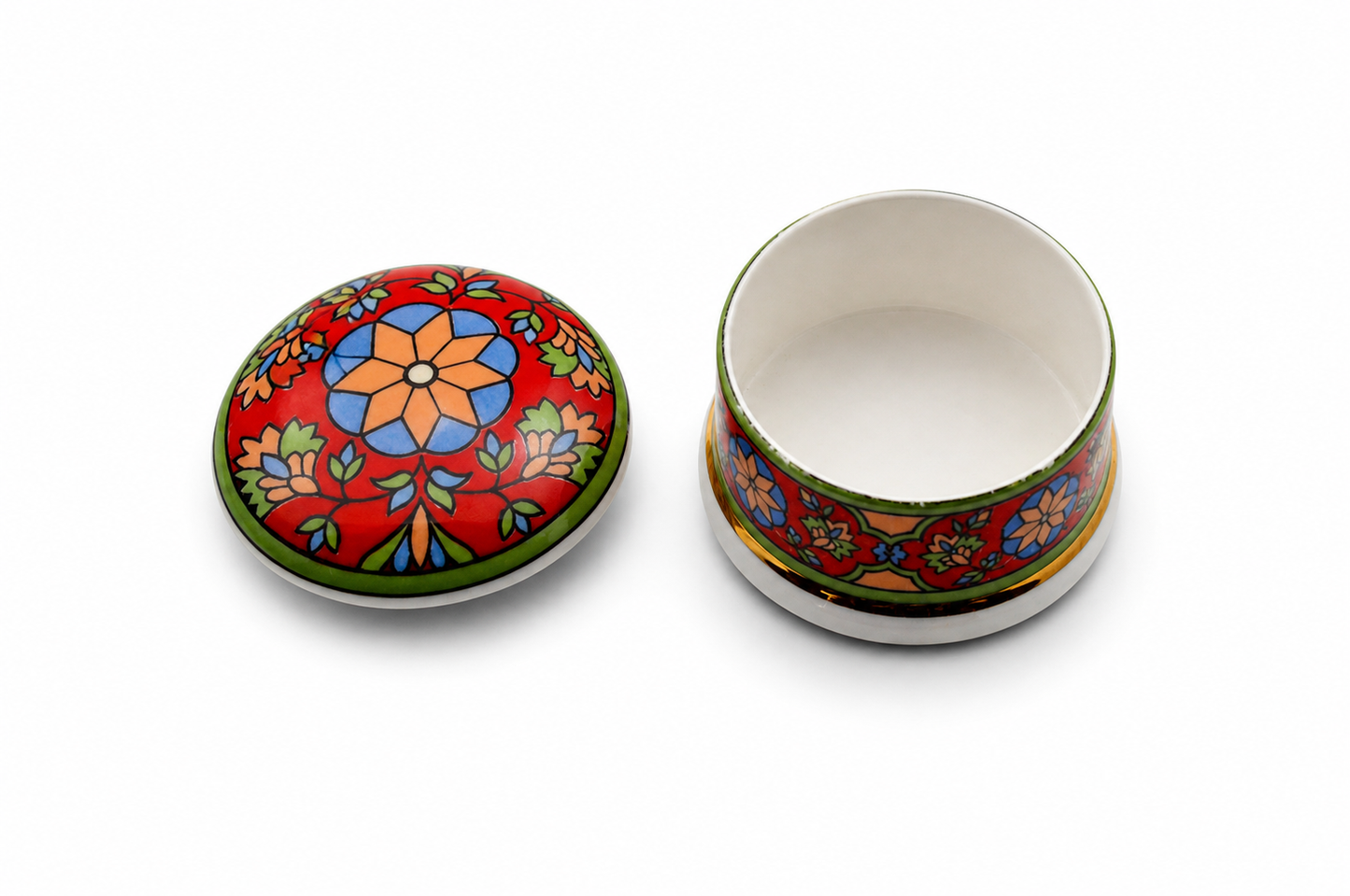 STAFFORDSHIRE TRINKET POT RED WITH FLORAL DESIGN