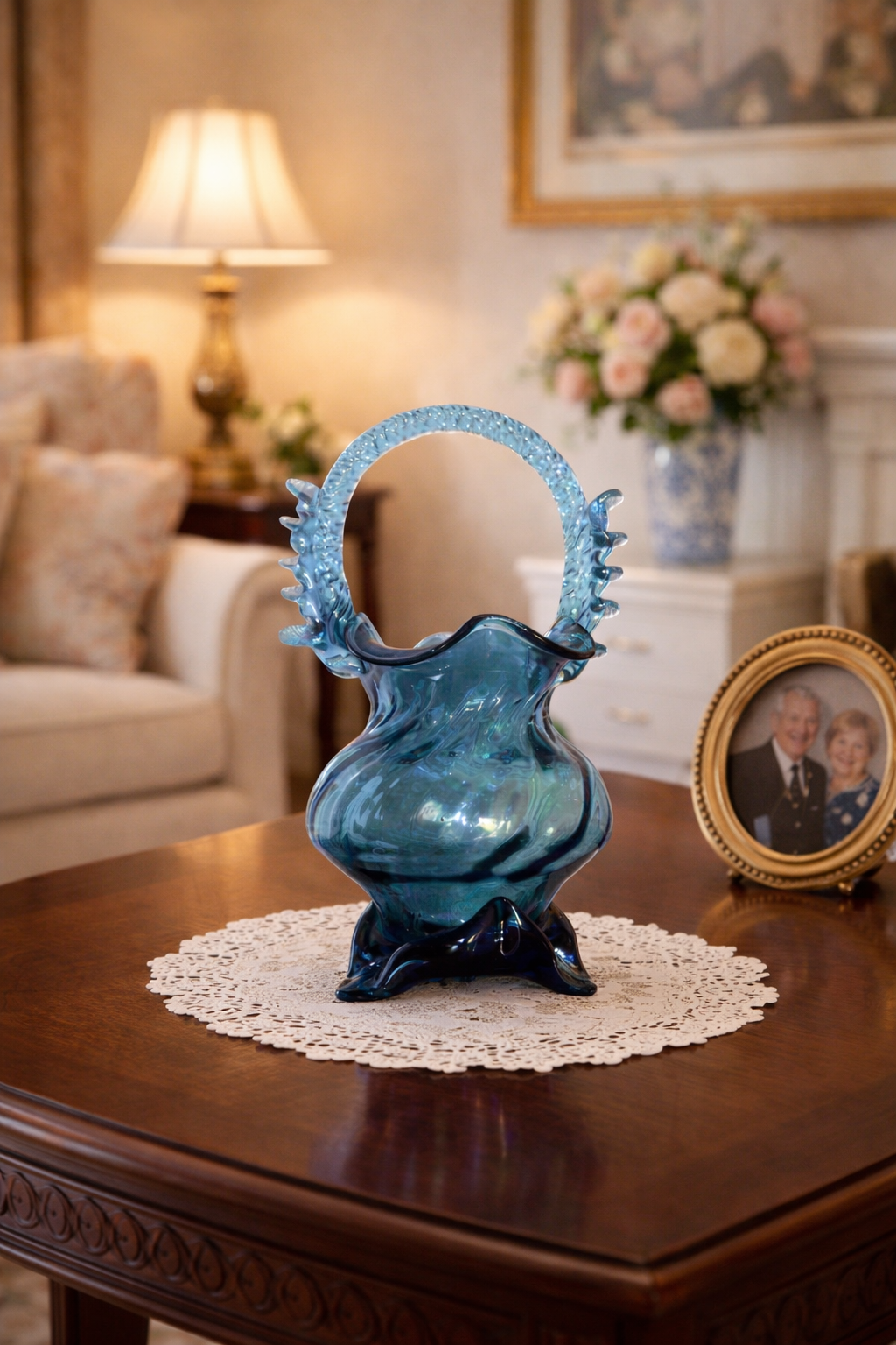 Sapphire Blue Art Glass Basket with Twisted Handle – Collectible Vase