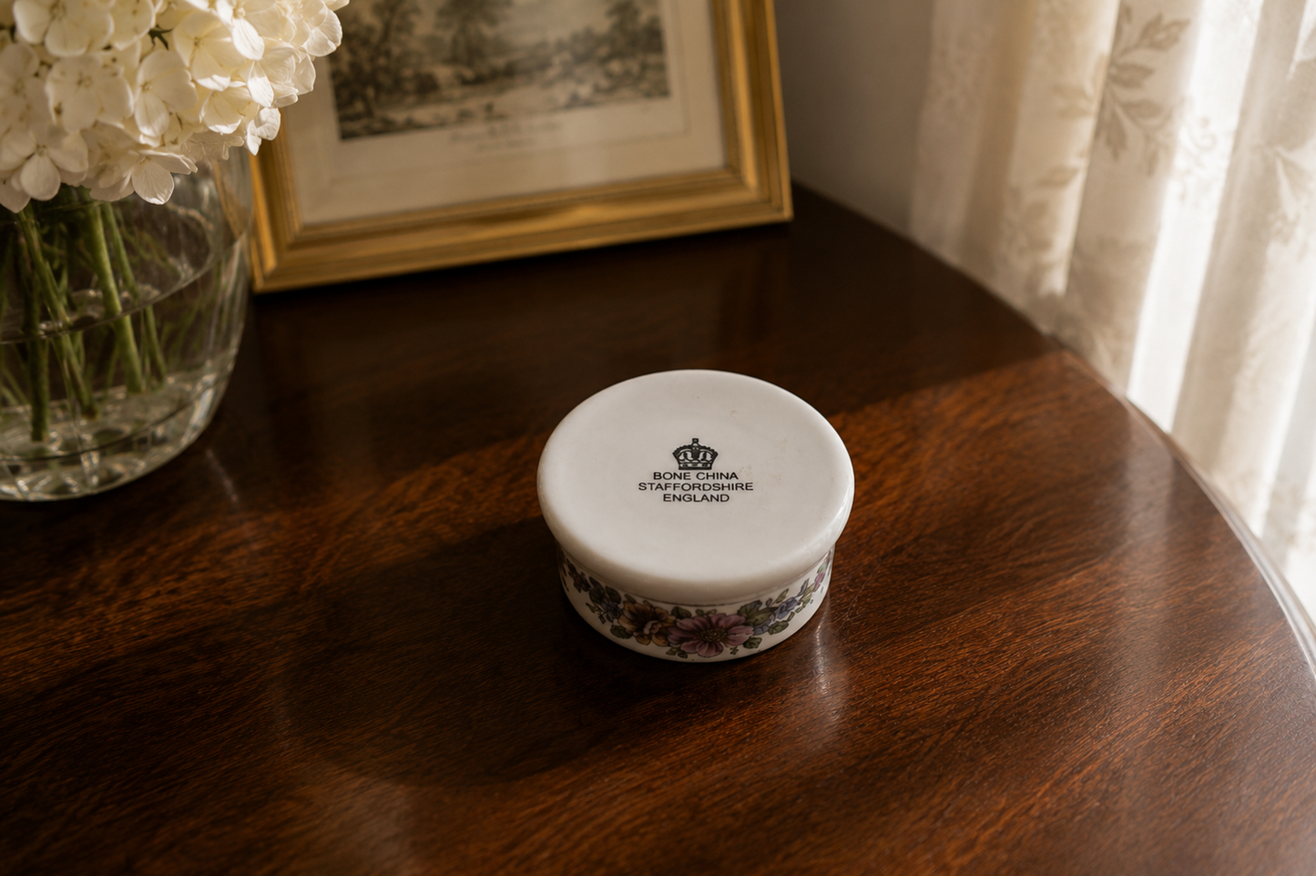 Bone China Staffordshire Trinket Pot – White with Floral Design