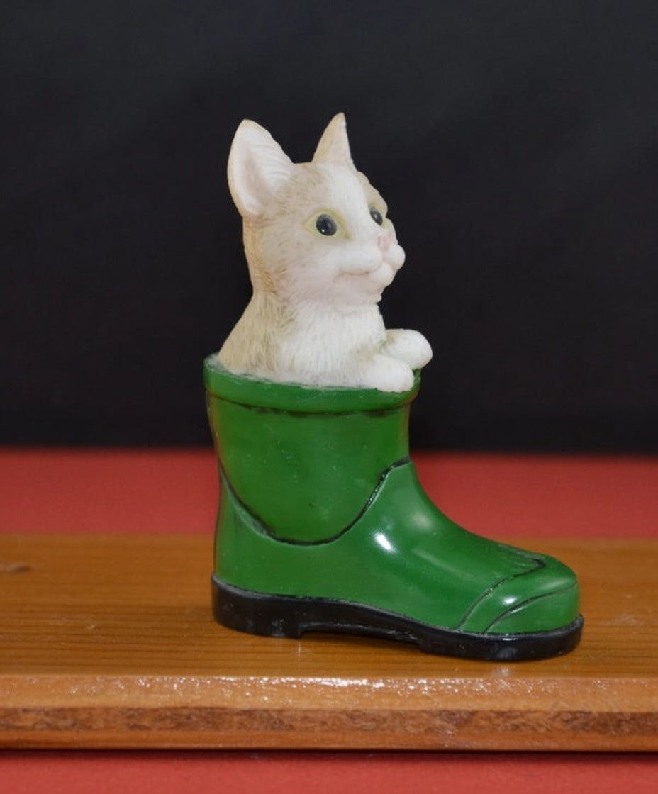 Miniature Cat and Dog in Green Welly Figurines – Vintage Animal Ornament Set